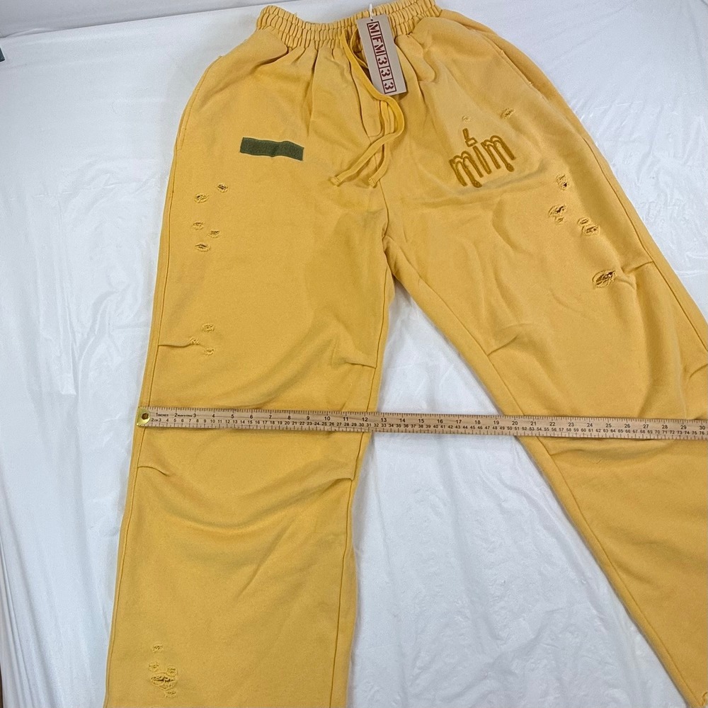 MFM333 Distressed Sweatpants Yellow Wide Leg Streetwear Joggers Mens Medium NEW - Picture 4 of 8